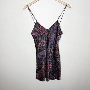 Treesha Silk Red Blue Paisley Floral Chemise Slip Y2K Dress Womens Small